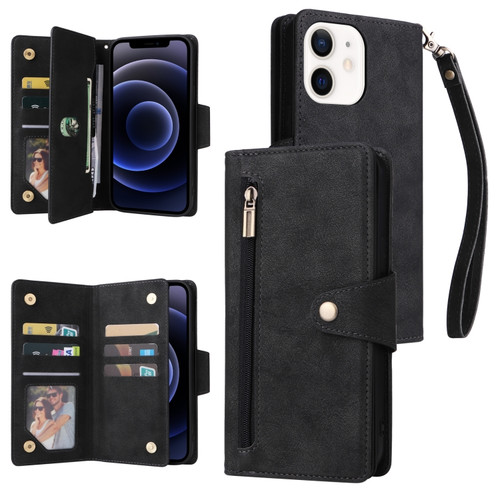 iPhone 12 Rivet Buckle 9 Cards Three Fold Leather Phone Case - Black