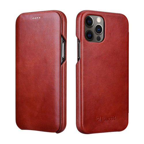 iPhone 12 / 12 Pro ICARER First Layer Cowhide Horizontal Flip Phone Case - Red