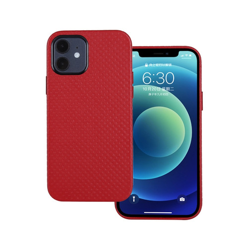 iPhone 12 / 12 Pro Mesh Texture Cowhide Leather Back Cover Full-wrapped Shockproof Case - Red