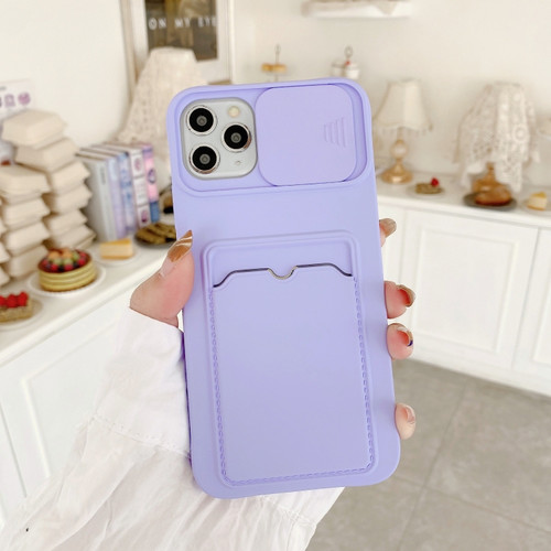 iPhone 12 mini Sliding Camera Cover Design TPU Protective Case With Card Slot & Neck Lanyard - Purple