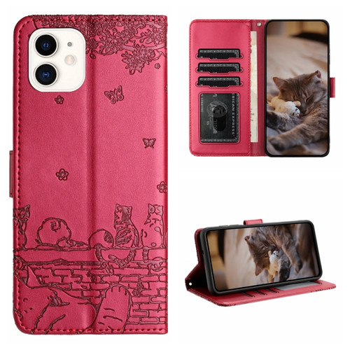 iPhone 12 mini Cat Embossing Pattern Leather Phone Case with Lanyard - Red