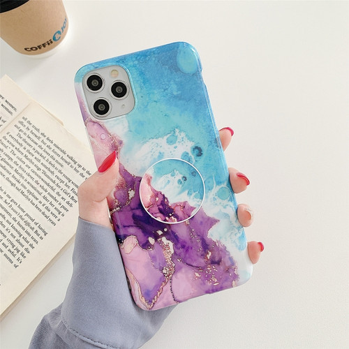iPhone 12 mini Ocean Wave Coral IMD Smooth Marbled Mobile Phone Case with Folding Holder - Purple SA5