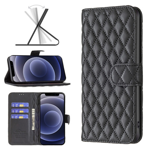 iPhone 12 mini Diamond Lattice Wallet Leather Flip Phone Case  - Black
