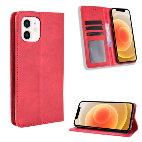 iPhone 12 mini Magnetic Buckle Retro Pattern Horizontal Flip Leather Case with Holder & Card Slot & Wallet  - Red