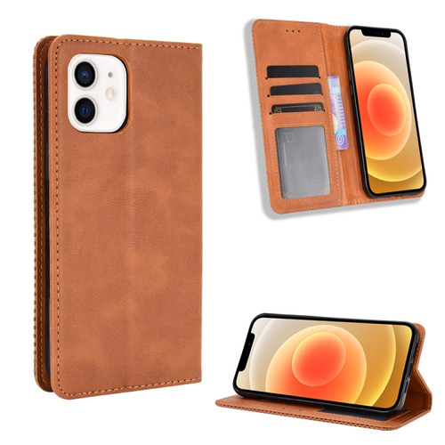 iPhone 12 mini Magnetic Buckle Retro Pattern Horizontal Flip Leather Case with Holder & Card Slot & Wallet  - Brown