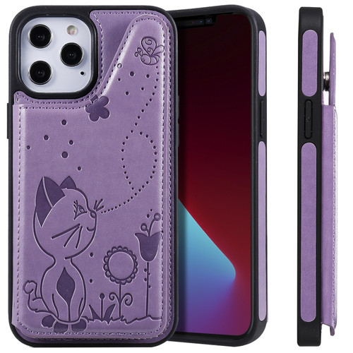 iPhone 12 mini Cat Bee Embossing Pattern Shockproof Protective Case with Card Slots & Photo Frame  - Purple