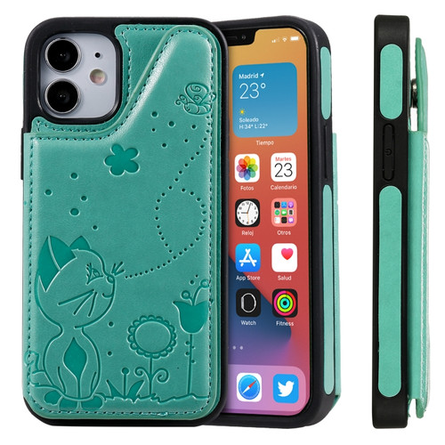 iPhone 12 mini Cat Bee Embossing Pattern Shockproof Protective Case with Card Slots & Photo Frame   - Green