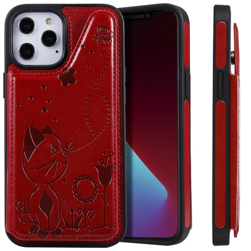 iPhone 12 mini Cat Bee Embossing Pattern Shockproof Protective Case with Card Slots & Photo Frame  - Red