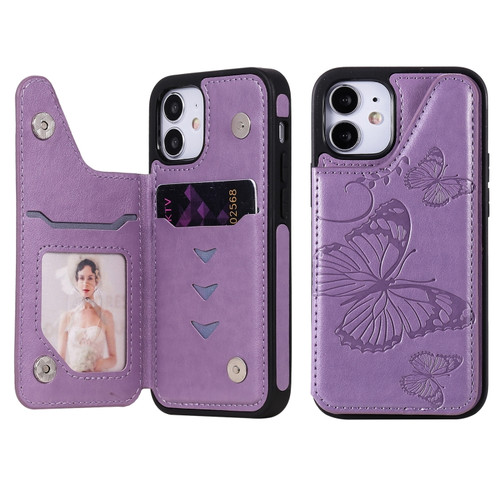 iPhone 12 mini Butterfly Embossing Pattern Shockproof Protective Case with Holder & Card Slots & Photo Frame  - Purple