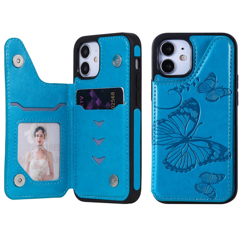 iPhone 12 mini Butterfly Embossing Pattern Shockproof Protective Case with Holder & Card Slots & Photo Frame  - Blue