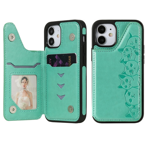 iPhone 12 mini Six Cats Embossing Pattern Protective Case with Holder & Card Slots & Photo Frame  - Green