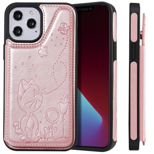 iPhone 12 mini Cat Bee Embossing Pattern Shockproof Protective Case with Card Slots & Photo Frame  - Rose Gold