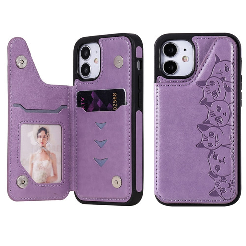 iPhone 12 mini Six Cats Embossing Pattern Protective Case with Holder & Card Slots & Photo Frame  - Purple
