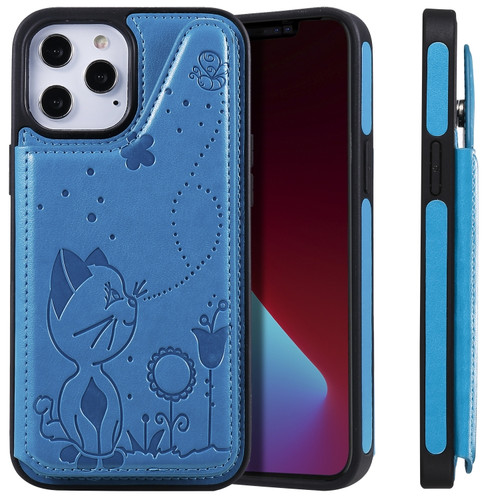 iPhone 12 mini Cat Bee Embossing Pattern Shockproof Protective Case with Card Slots & Photo Frame  - Blue