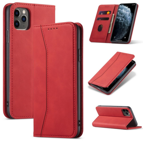 iPhone 12 mini Skin-feel Calfskin Texture Magnetic Dual-Fold Horizontal Flip Leather Case with Holder & Card Slots & Wallet  - Red