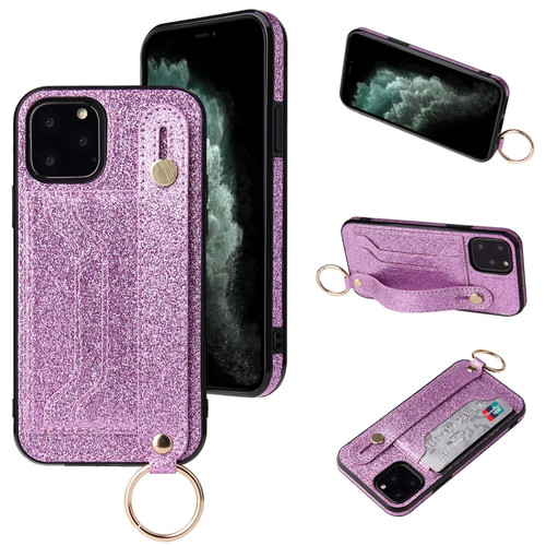 iPhone 12 mini Glitter Powder PU+TPU Shockproof Protective Case with Holder & Card Slots & Wrist Strap  - Purple