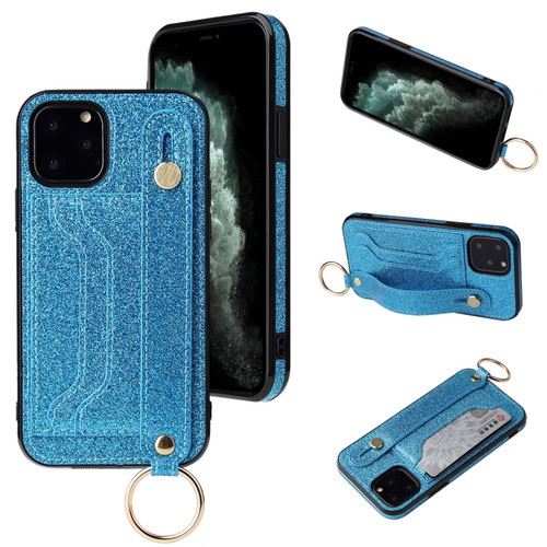 iPhone 12 mini Glitter Powder PU+TPU Shockproof Protective Case with Holder & Card Slots & Wrist Strap  - Blue