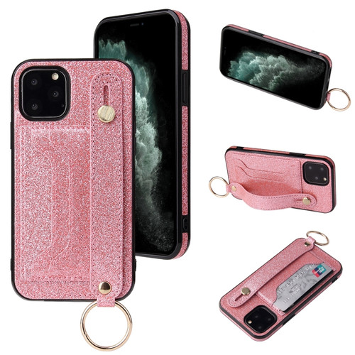 iPhone 12 mini Glitter Powder PU+TPU Shockproof Protective Case with Holder & Card Slots & Wrist Strap  - Pink