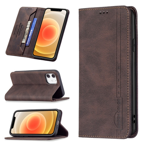 iPhone 12 mini Magnetic RFID Blocking Anti-Theft Leather Case with Holder & Card Slots & Wallet  - Brown