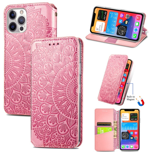 iPhone 12 mini Blooming Mandala Embossed Pattern Magnetic Horizontal Flip Leather Case with Holder & Card Slots & Wallet  - Pink