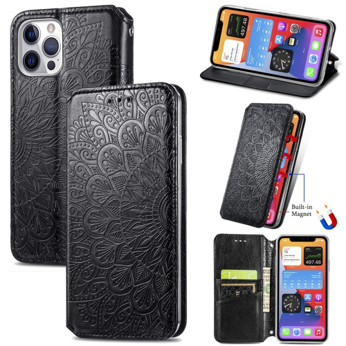 iPhone 12 mini Blooming Mandala Embossed Pattern Magnetic Horizontal Flip Leather Case with Holder & Card Slots & Wallet  - Black