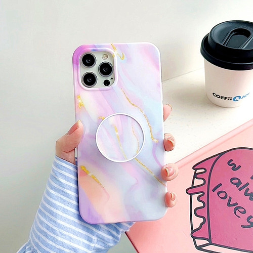 iPhone 12 mini Thickened TPU Glazed Marble Pattern Case with Folding Holder - Pink