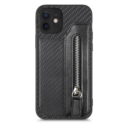iPhone 12 mini Carbon Fiber Horizontal Flip Zipper Wallet Phone Case - Black