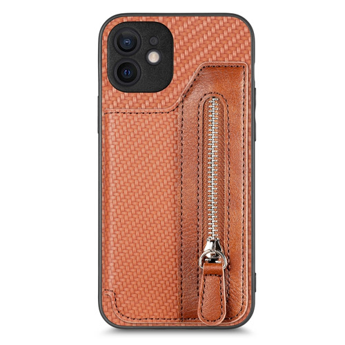 iPhone 12 mini Carbon Fiber Horizontal Flip Zipper Wallet Phone Case - Brown