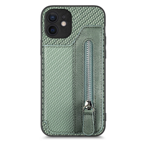 iPhone 12 mini Carbon Fiber Horizontal Flip Zipper Wallet Phone Case - Green