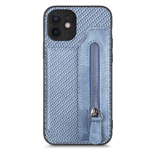 iPhone 12 mini Carbon Fiber Horizontal Flip Zipper Wallet Phone Case - Blue