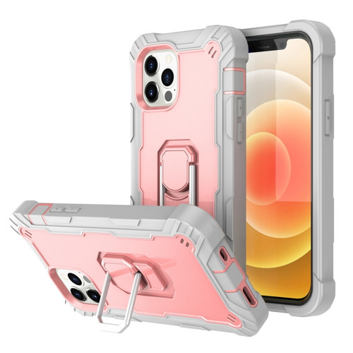 iPhone 12 mini PC + Rubber 3-layers Shockproof Protective Case with Rotating Holder  - Grey White + Rose Gold