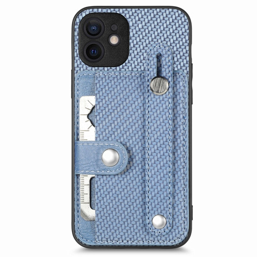 iPhone 12 mini Wristband Kickstand Card Wallet Back Cover Phone Case with Tool Knife - Blue