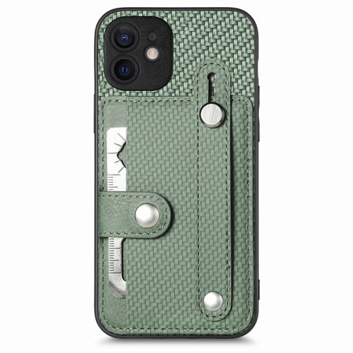 iPhone 12 mini Wristband Kickstand Card Wallet Back Cover Phone Case with Tool Knife - Green