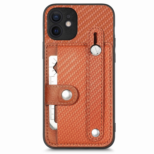 iPhone 12 mini Wristband Kickstand Card Wallet Back Cover Phone Case with Tool Knife - Brown
