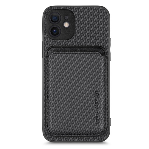 iPhone 12 mini Carbon Fiber Leather Card Magsafe Magnetic Phone Case - Black