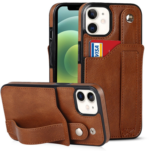 iPhone 12 mini Crazy Horse Texture Shockproof TPU + PU Leather Case with Card Slot & Wrist Strap Holder  - Brown