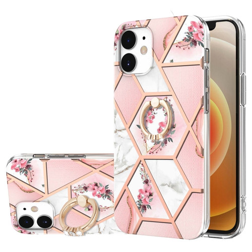 iPhone 12 mini Electroplating Splicing Marble Flower Pattern TPU Shockproof Case with Rhinestone Ring Holder  - Pink Flower