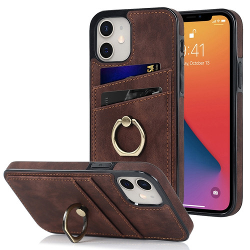 iPhone 12 mini Vintage Patch Leather Phone Case with Ring Holder  - Brown