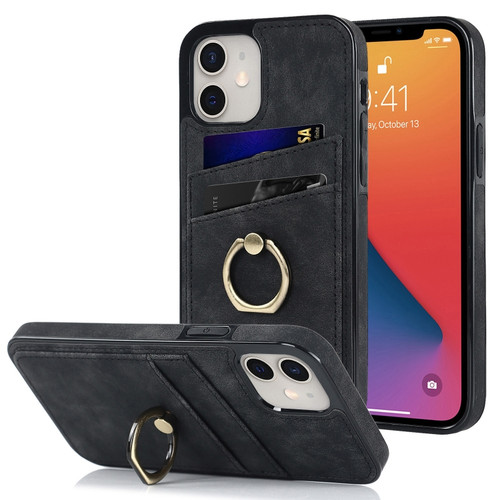 iPhone 12 mini Vintage Patch Leather Phone Case with Ring Holder  - Black