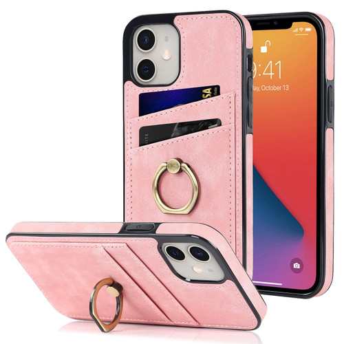 iPhone 12 mini Vintage Patch Leather Phone Case with Ring Holder  - Pink
