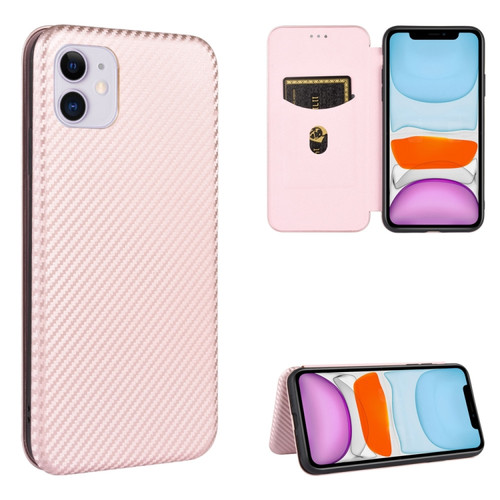 iPhone 12 mini Carbon Fiber Texture Horizontal Flip TPU + PC + PU Leather Case with Card Slot - Pink