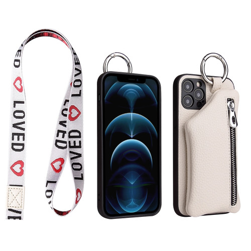 iPhone 12 mini Detachable Zippered Coin Purse Phone Case with Lanyard - White