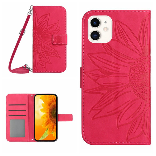 iPhone 12 mini Skin Feel Sun Flower Pattern Flip Leather Phone Case with Lanyard - Rose Red