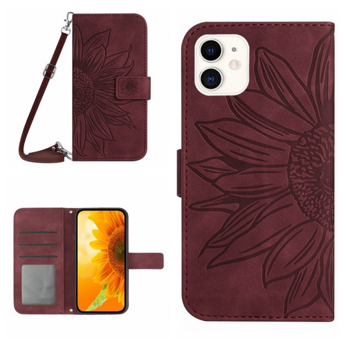 iPhone 12 mini Skin Feel Sun Flower Pattern Flip Leather Phone Case with Lanyard - Wine Red