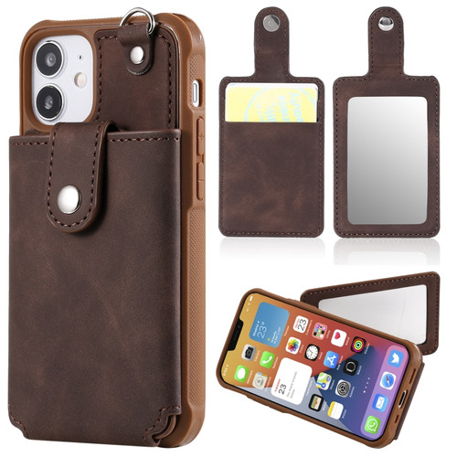iPhone 12 mini Shockproof Protective Case with Mirror & Card Slot & Short Lanyard  - Coffee