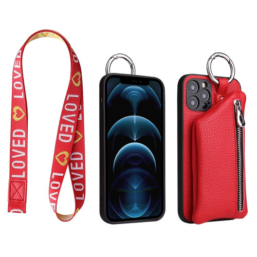 iPhone 12 mini Detachable Zippered Coin Purse Phone Case with Lanyard - Red