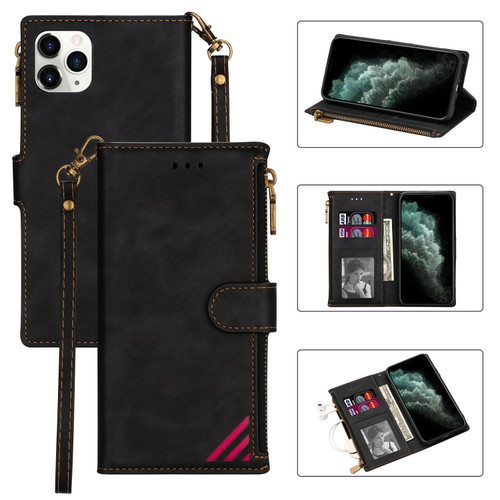 iPhone 12 mini Zipper Multi-card Slots Horizontal Flip PU Leather Case with Holder & Card Slots & Wallet & Lanyard & Photo Frame  - Black