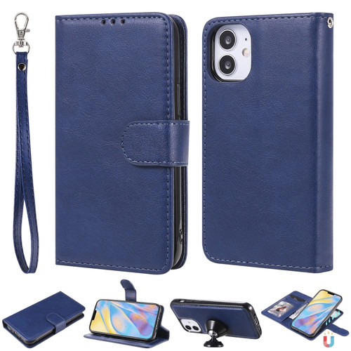 iPhone 12 mini 2 in 1 Solid Color Detachable PU Leather Case with Card Slots & Magnetic Holder & Photo Frame & Wallet & Strap - Blue