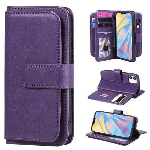 iPhone 12 mini Multifunctional Magnetic Copper Buckle Horizontal Flip Solid Color Leather Case with 10 Card Slots & Wallet & Holder & Photo Frame - Purple