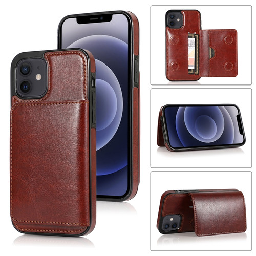 iPhone 12 mini Shockproof PU + TPU Protective Case with Card Slots & Holder  - Brown